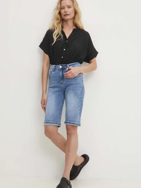 Дънков къс панталон Answear Lab с изчистен дизайн с висока талия синьо