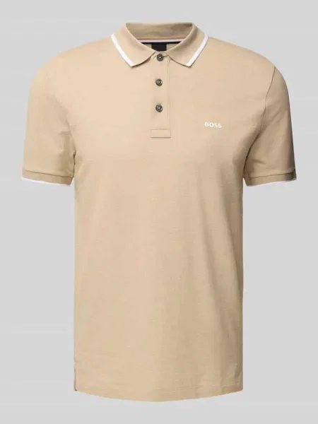 Koszulka polo Boss w paski z paskiem ze stójką beżowa