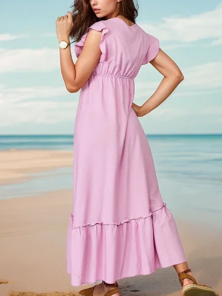 Rochie maxi Resti din dantelă lungă de costum roz