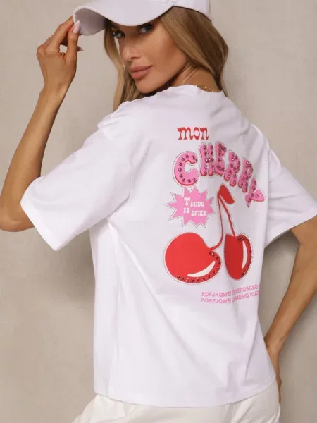 T-shirt z Bawełną Wzorem Wiśni i Cyrkoniami Linavella biały