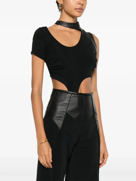 Top Mitiliane Couture din piele cu inserții din piele negru