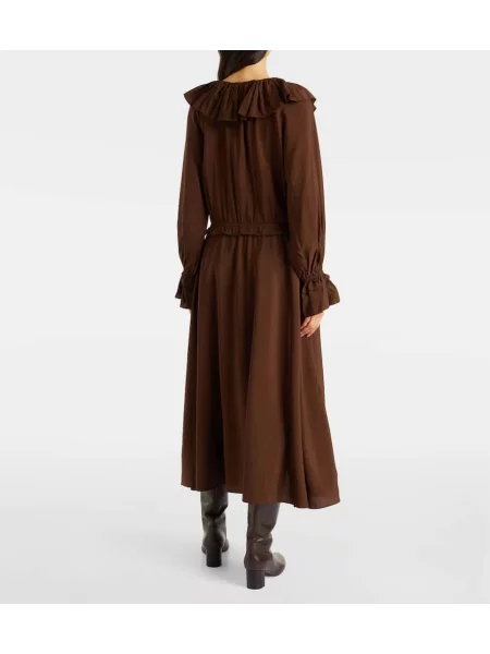 Oblekové midi šaty Polo Ralph Lauren s volánmi po kolená hnedá