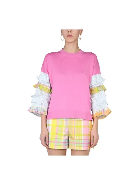 Bluzka Boutique Moschino w paski z okrągłym dekoltem różowa