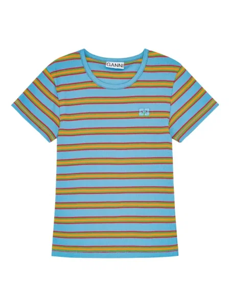 Tricou Ganni cu dungi scurt albastru