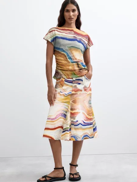 Desigual Tričko marine modrá / hnědá / žlutá / světle šedá