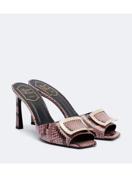 Papuci tip mules Roger Vivier din piele cu imagine cu model piele de șarpe roz