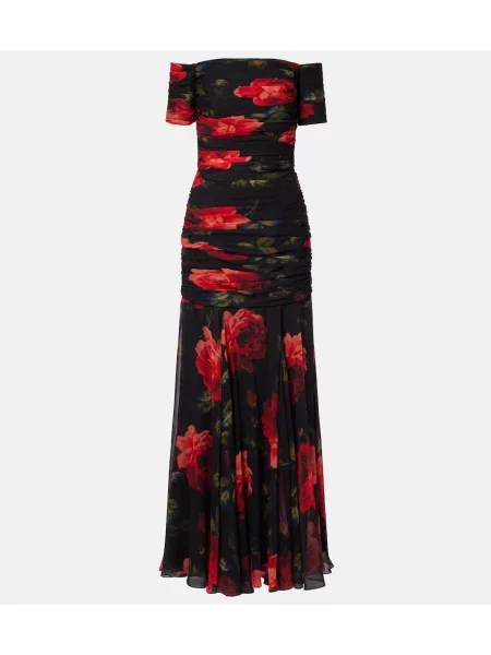 Rochie Carolina Herrera de mătase cu model floral cu volane negru