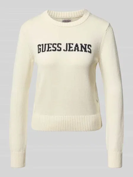 Dzianinowy sweter Guess z okrągłym dekoltem z logo biały