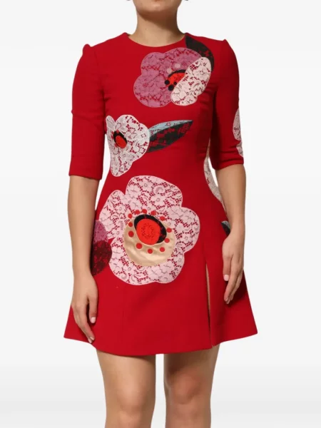 Rochie mini Dolce & Gabbana cu model floral cu aplicații din dantelă roșu