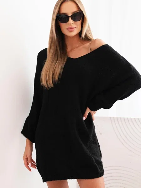 Volnena obleka obleka Kesi Włoski z V-izrezom črna