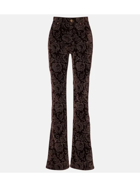 Pantaloni Chloé cu talie înaltă de catifea cu model floral maro