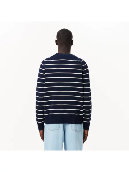 Lacoste Sweter Z Okrągłym Dekoltem W Paski Z Dzianiny 3D granatowy