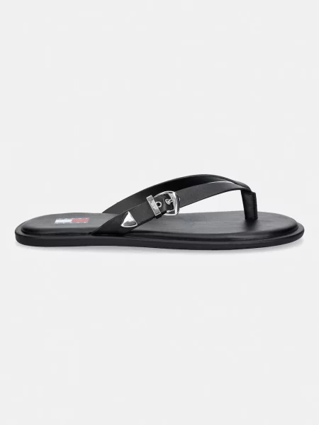 Tommy Jeans japonke usnjene TJW FLAT LEATHER SANDALS črna