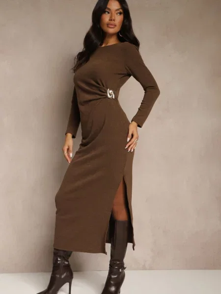 Sukienka z Wiskozą Typu Bodycon Ozdobiona z Boku Aplikacją Tizarria brązowa