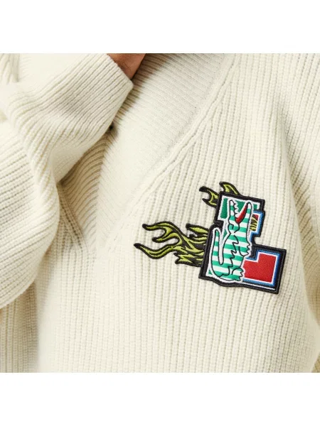 Lacoste Sweter Świąteczny Z Wełnianym Dekoltem W Serek Lacoste