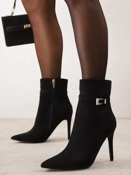 Botine elegante pe subțire decorate cu o cataramă cu strasuri Onestia negre