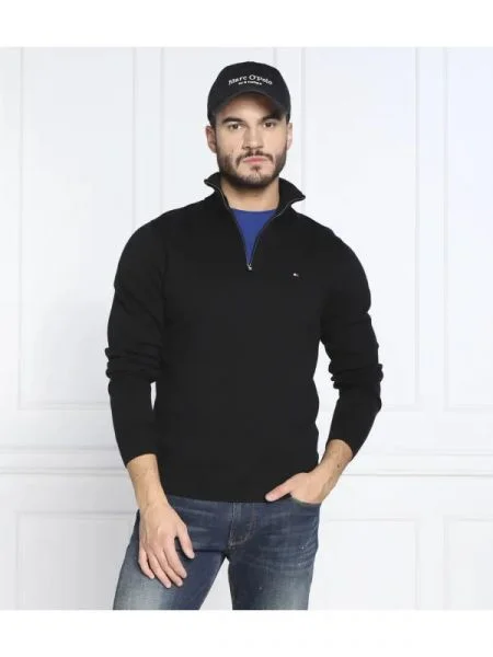 Tommy Hilfiger Pulover ZIP MOCK cu adaos de cașmir negru