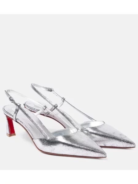 Pantofi cu toc Christian Louboutin din piele slingback argintiu