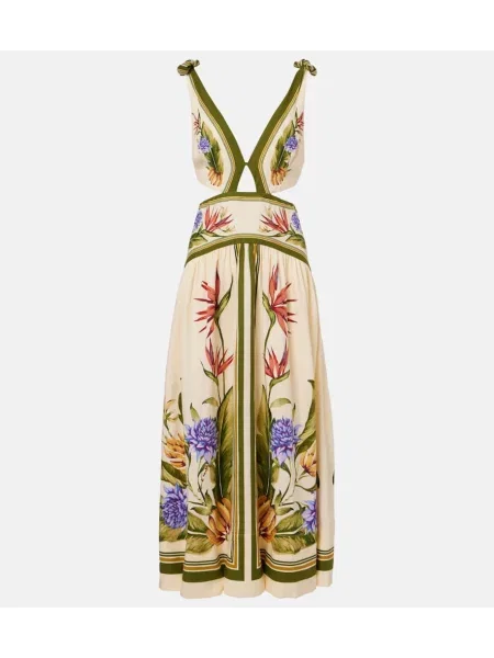 Lniana sukienka maxi Farm Rio w kwiatki garniturowa biała