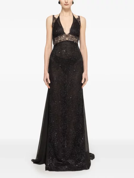 Rochie maxi Nissa din dantelă cu mărgele negru