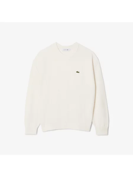 Lacoste Sweter Relaxed Fit Z Okrągłym Kołnierzykiem Kremowy biały