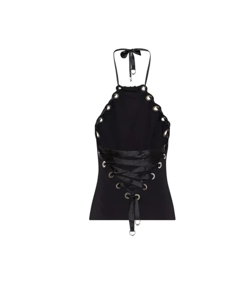 Top John Richmond sznurowany koronkowy z dekoltem halter czarny