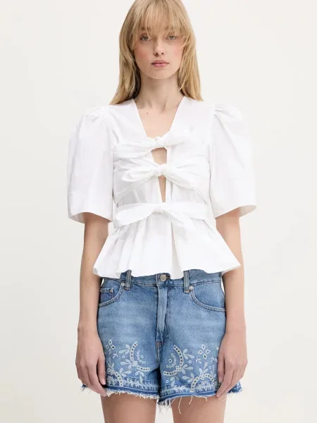 GANNI bluză Washed Stretch Cotton Tie Strap uni alb