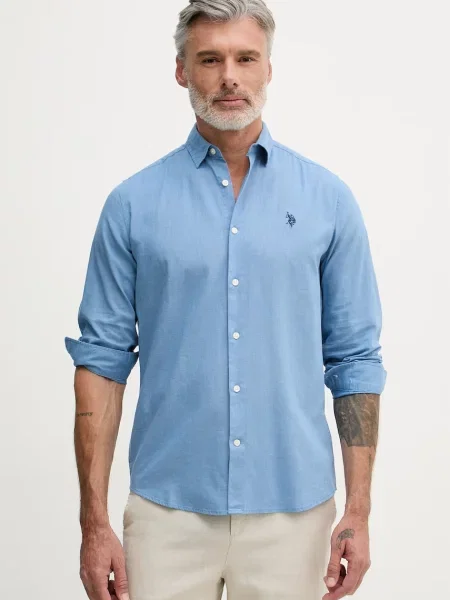 U.S. Polo Assn. cămașă pentru bărbați cu LINEN BLEND LS albastru