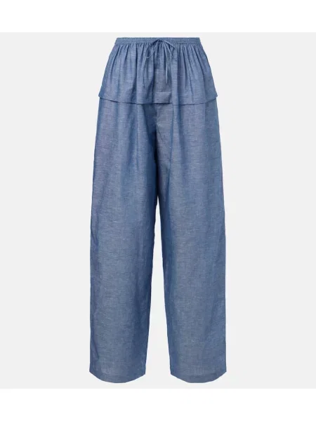 Lniane szerokie spodnie Alaïa niebieskie