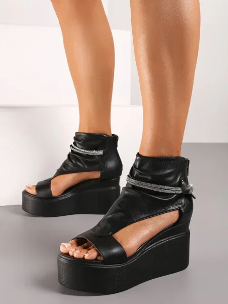 Sandale Platformă Imitatie Piele Zirconiu Uzira negre