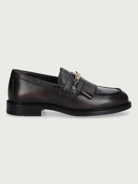 Tommy Hilfiger мокасини дамски от кожа TH CHAIN FRINGE LEATHER LOAFER кафяво