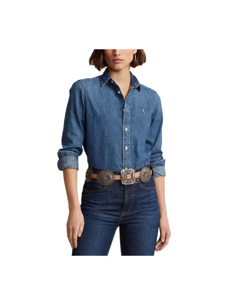 Bluzka Ralph Lauren z twillu z długim rękawem niebieska