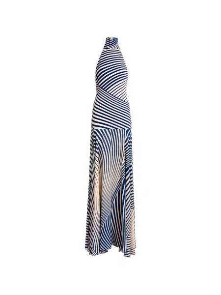 Rochie maxi Silvia Tcherassi cu dungi cu gât halter albastru