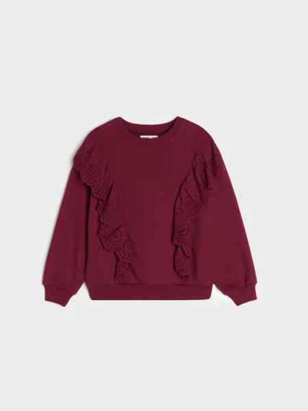 Sinsay mikina crewneck s ozdobnými volánky kaštanová