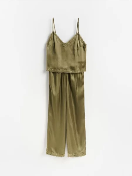 Reserved Pijama cu finisaj satinat verde-oliv deschis verde