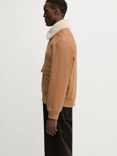 Μάλλινο μπουφάν Maison Kitsuné Shearling Collar καφέ