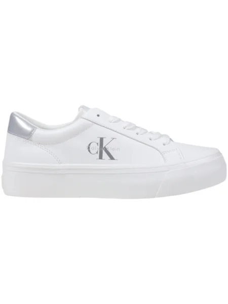 Calvin Klein Sneakersy Vulc Flatf Lth Silver Logo Tag biela