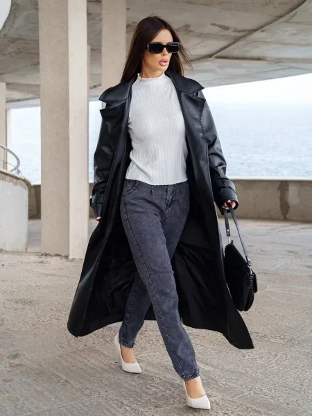 Плащ ISSA Plus штучна шкіра чорний