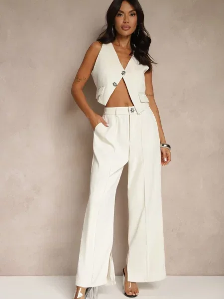 Komplet z Cyrkoniami Krótka Kamizelka i Eleganckie Spodnie Diviriel beżowy