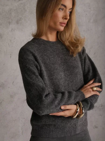 Czarno-Szary Gładki Sweter z Wełną w Stylu Basic Tutia czarny