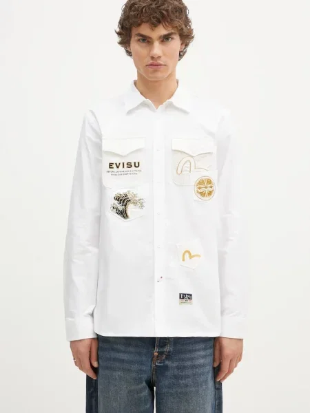 Evisu cămașă din Evisu Logos & Wave Emb bărbați cu guler clasic regular alb