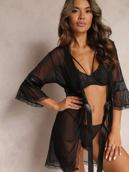 Prześwitujący Szlafrok ze Stringami Placitra czarny