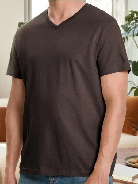 Sinsay Koszulka basic z dekoltem w serek brązowy