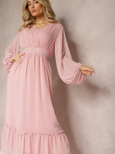 Plisowana Sukienka Koktajlowa Ozdobiona i Falbankami Osumia różowa