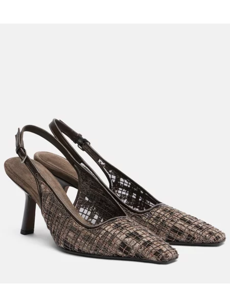 Pantofi cu toc Brunello Cucinelli din piele în carouri slingback maro