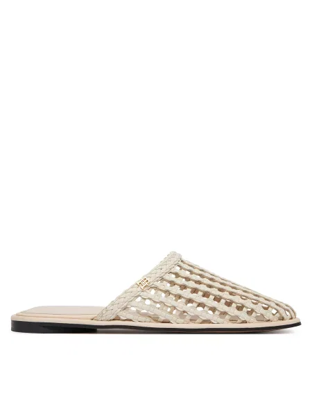 Šlepetės Tommy Hilfiger Hilfiger Leather Mix Flat Mule Kreminė