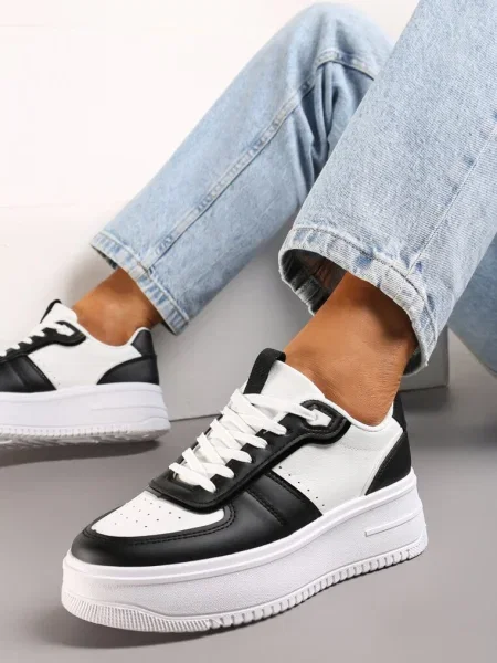 Sneakerși Albi-Negri cu Șiret și Talpă Groasă Salsabil alb