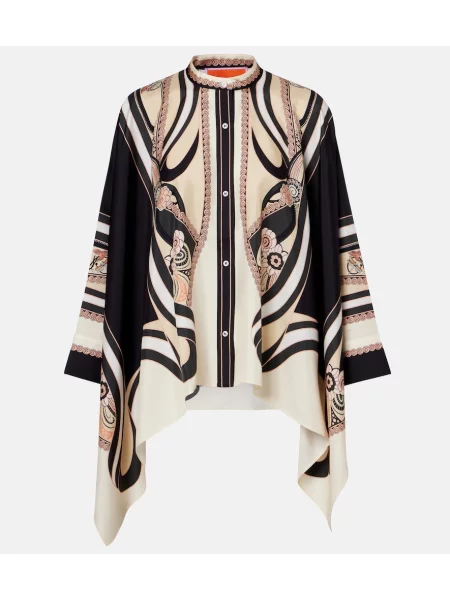 Jedwabna koszula La Doublej z nadrukiem beżowa