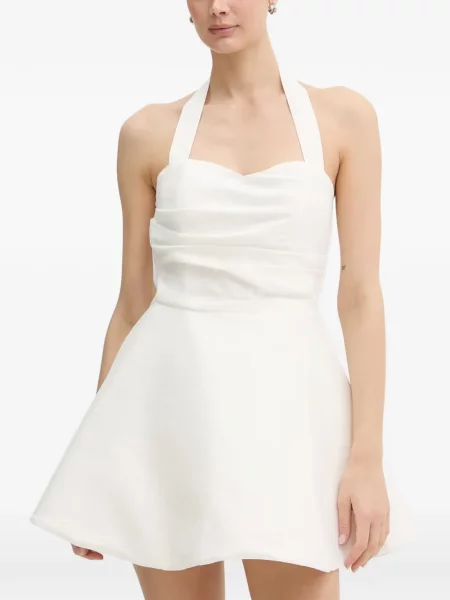 Rochie mini Bardot drapată cu gât halter alb