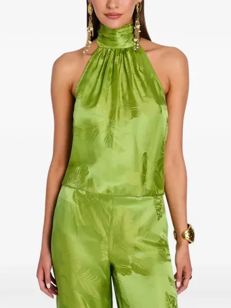 Bluză Retrofete cu model floral din jacard cu gât halter verde